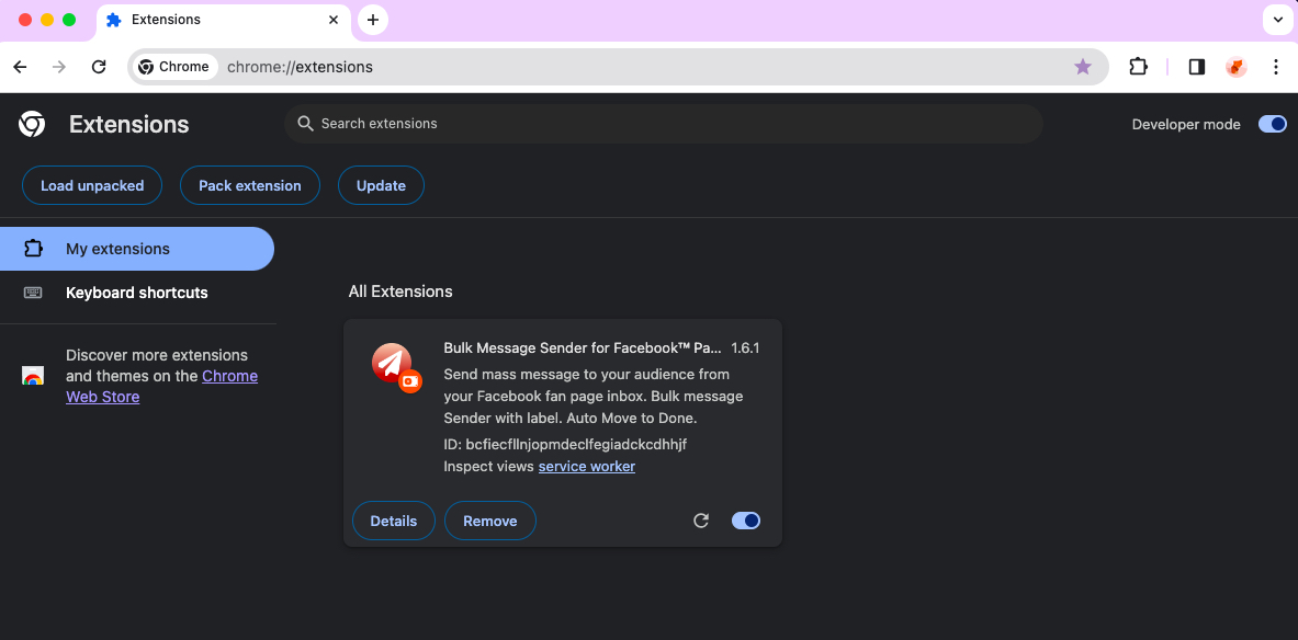 FB Page Bulk Sender chrome extension install done